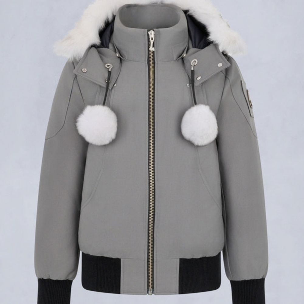 Moose Knuckles Gray Puffer Jacket with White Fur Trim